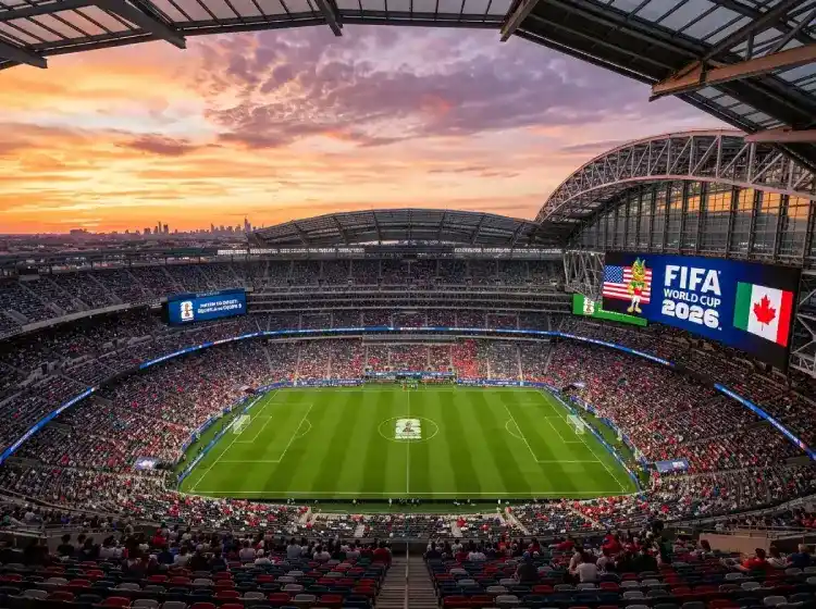 Vue panoramique d'un stade moderne nord-américain préparé pour la Coupe du Monde 2026
