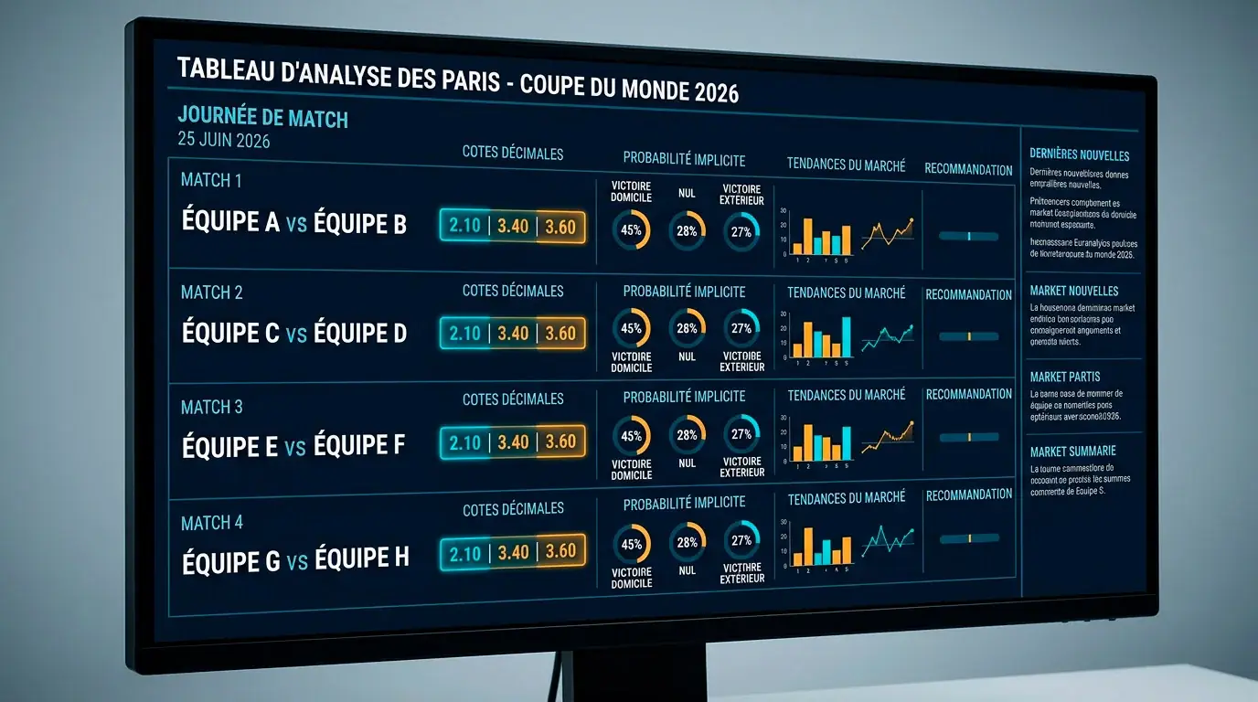 Tableau des cotes des 4 matchs de la Coupe du Monde du 22 juin 2026